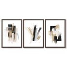 Abstract Minimal Black and Gold Strokes Set of 3 Framed Art Prints with Dark Wood Frames