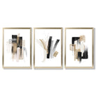 Abstract Minimal Black and Gold Strokes Set of 3 Framed Art Prints with Gold Wood Frames