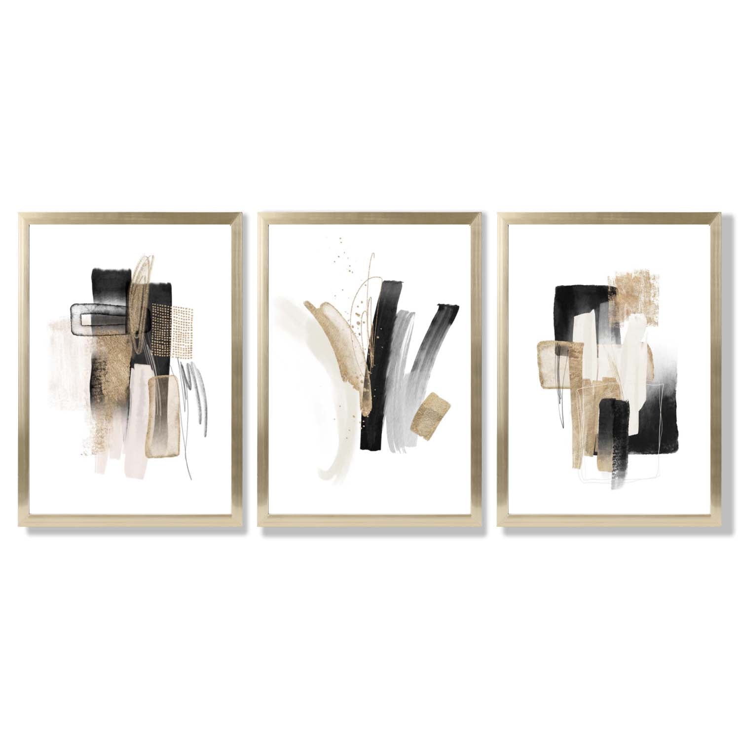 Abstract Minimal Black and Gold Strokes Set of 3 Framed Art Prints with Gold Wood Frames
