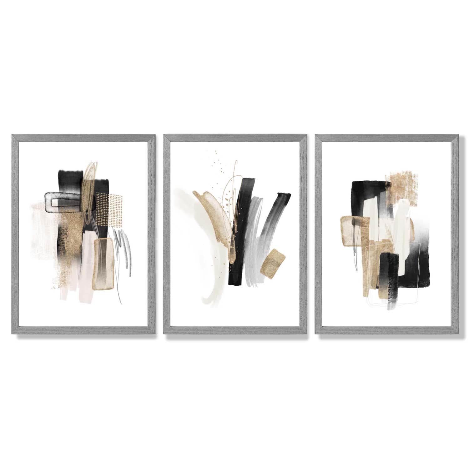 Abstract Minimal Black and Gold Strokes Set of 3 Framed Art Prints with Light Grey Wooden Frames