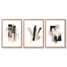 Abstract Minimal Black and Gold Strokes Set of 3 Framed Art Prints with Light Oak Frames