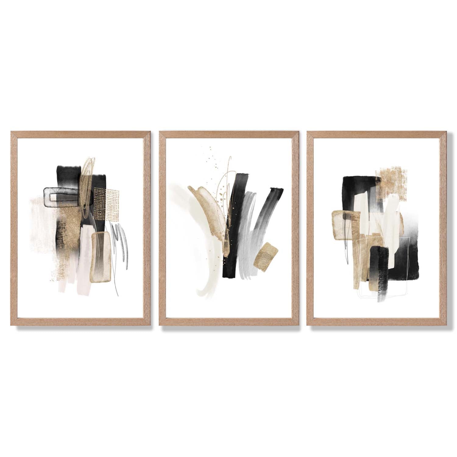 Abstract Minimal Black and Gold Strokes Set of 3 Framed Art Prints with Light Oak Frames