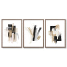 Abstract Minimal Black and Gold Strokes Set of 3 Framed Art Prints with Light Walnut Frames