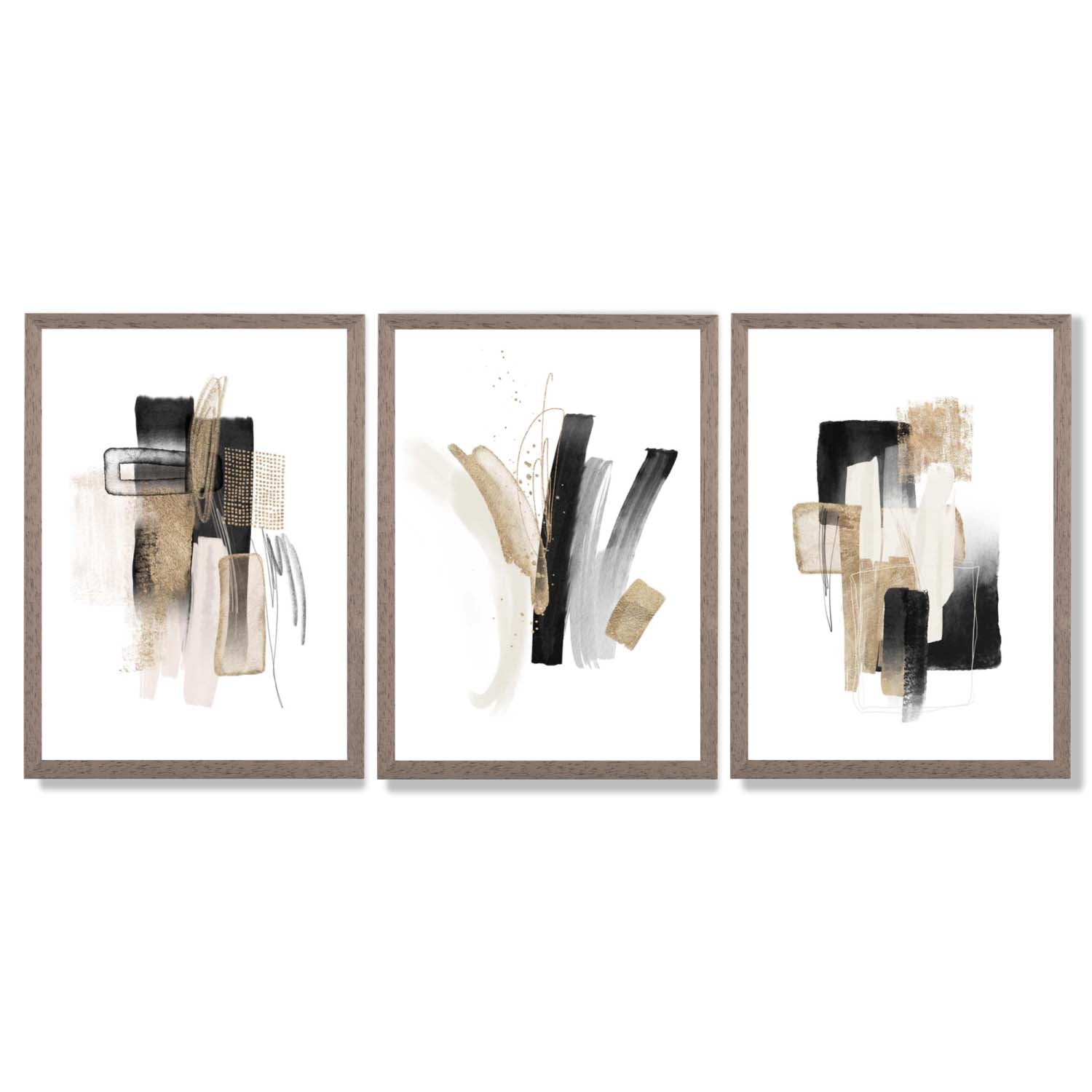 Abstract Minimal Black and Gold Strokes Set of 3 Framed Art Prints with Light Walnut Frames