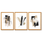 Abstract Minimal Black and Gold Strokes Set of 3 Framed Art Prints with Oak Wooden Frames