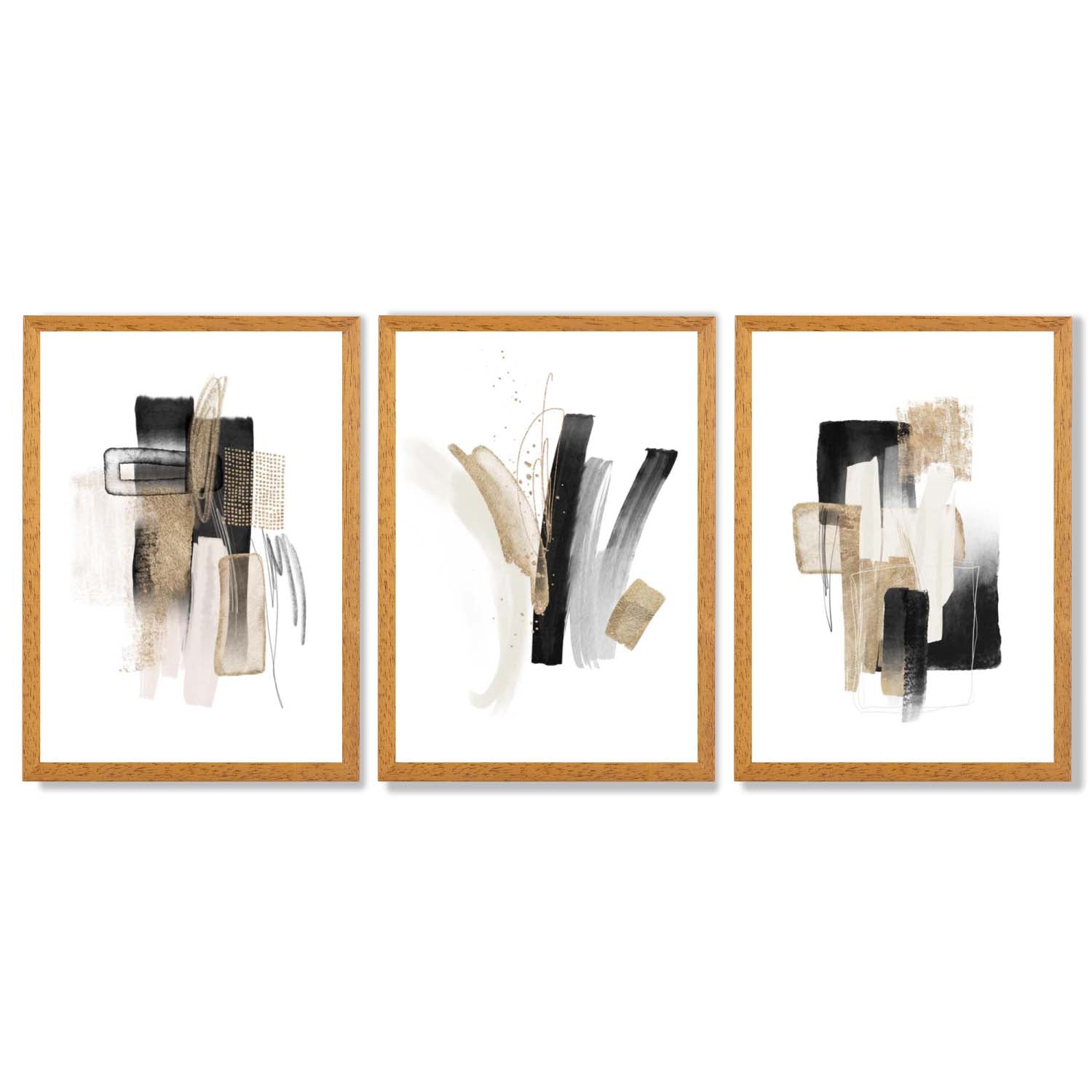 Abstract Minimal Black and Gold Strokes Set of 3 Framed Art Prints with Oak Wooden Frames