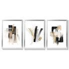 Abstract Minimal Black and Gold Strokes Set of 3 Framed Art Prints with Silver Wood Frames