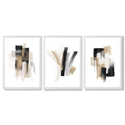 Abstract Minimal Black and Gold Strokes Set of 3 Framed Art Prints with White Wooden Frames