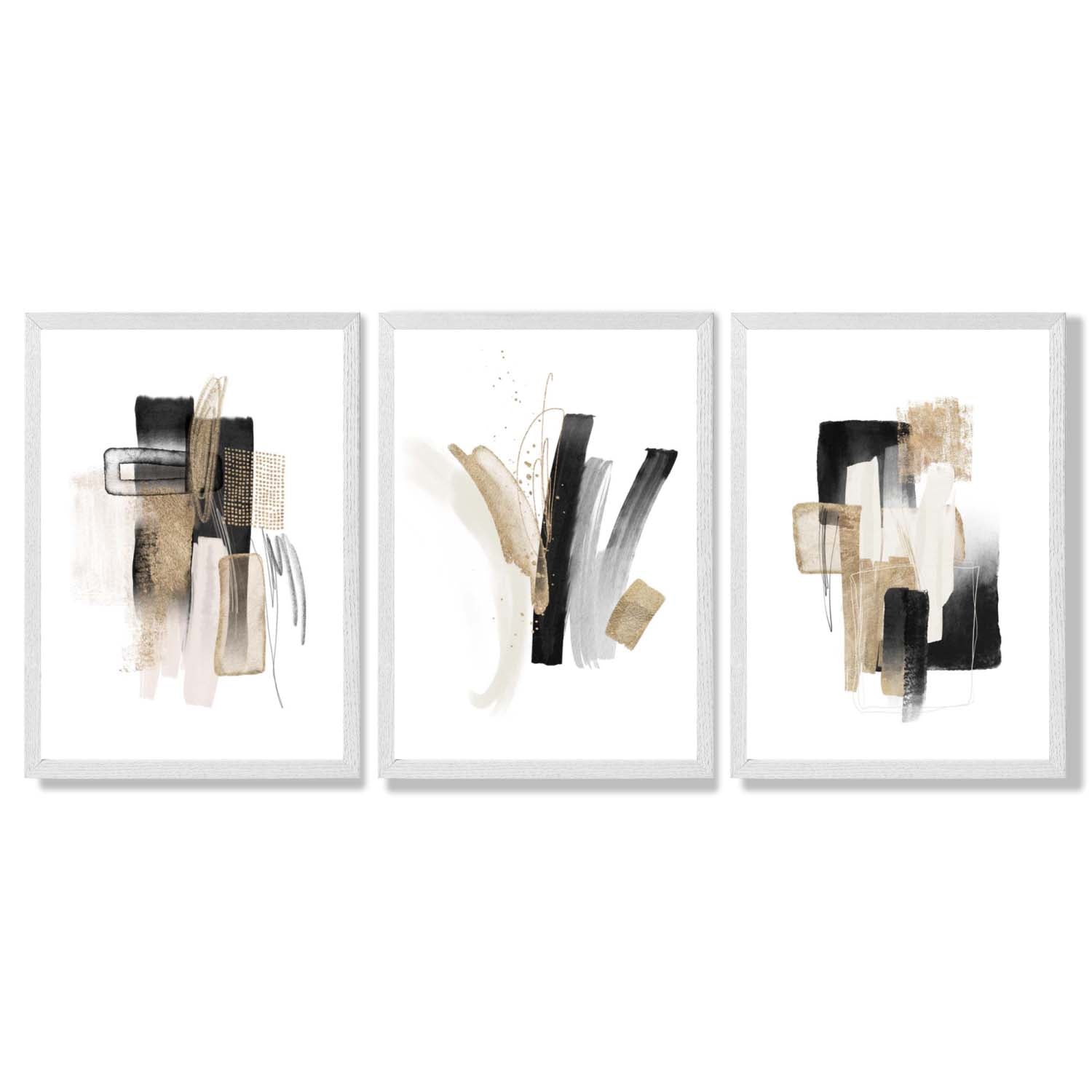 Abstract Minimal Black and Gold Strokes Set of 3 Framed Art Prints with White Wooden Frames