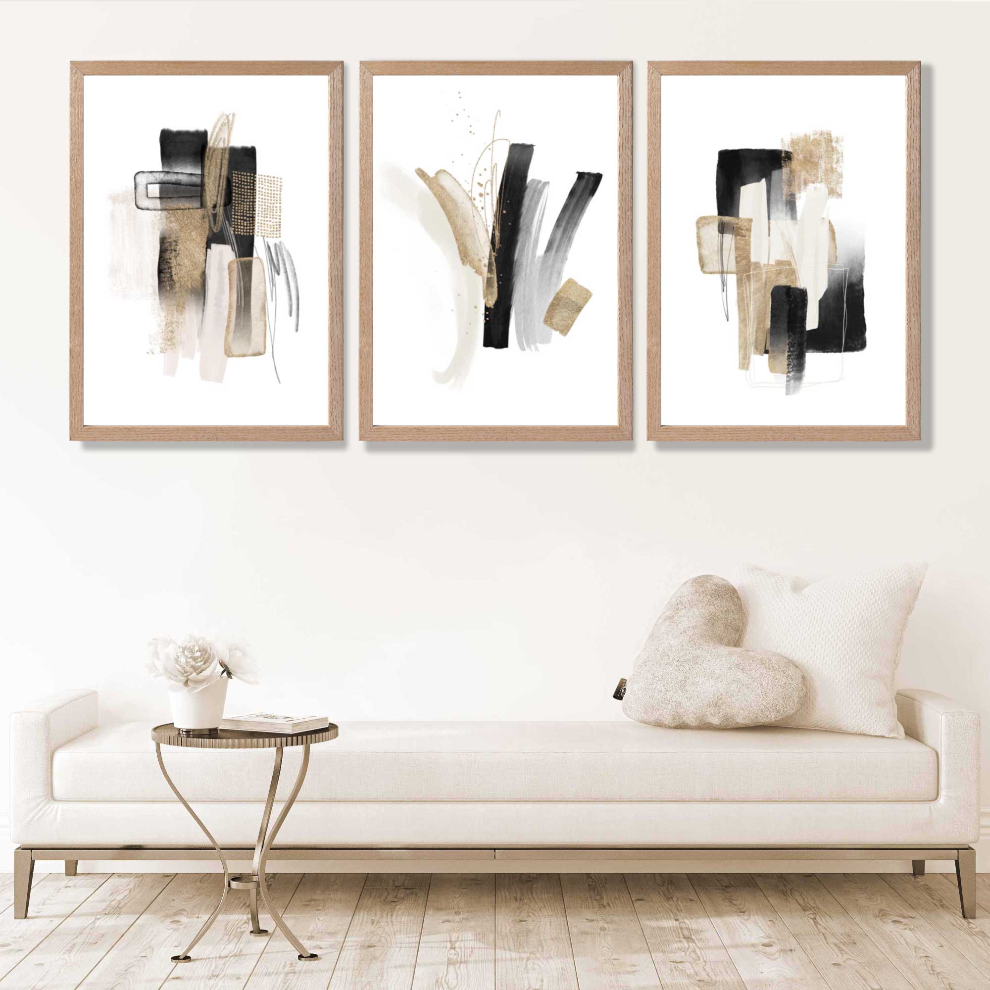Abstract Minimal Black and Gold Strokes Set of 3 Art Prints in Luxury Frames | Artze UK