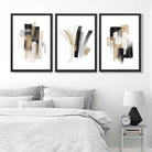 Abstract Minimal Black and Gold Strokes Set of 3 Art Prints in Black Frames | Artze UK