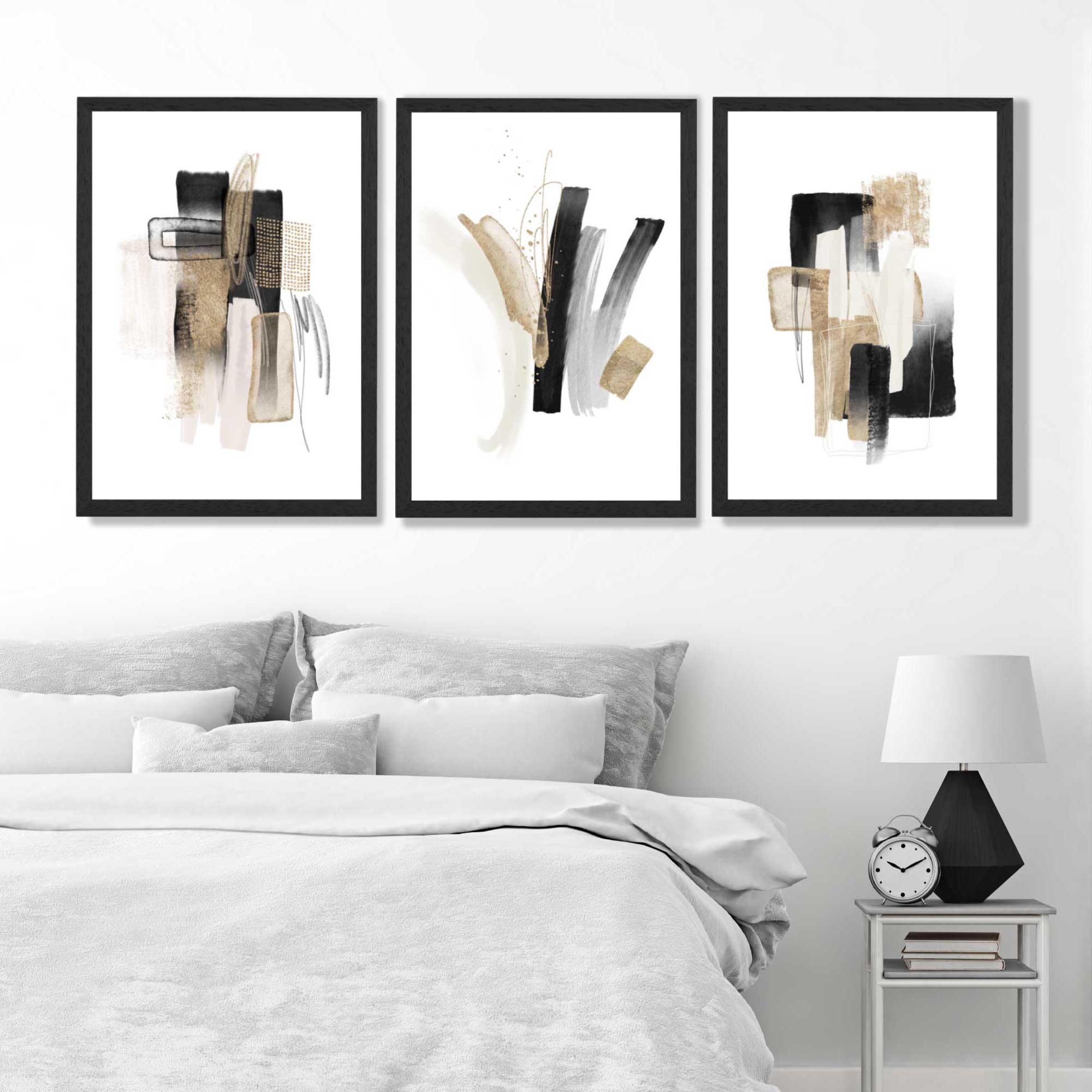 Abstract Minimal Black and Gold Strokes Set of 3 Framed Art Prints in Luxury Frames | Artze UK