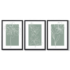 Line Art Sketch Flowers on Sage Green Set of 3 Framed Art Prints with Black Wooden Frames