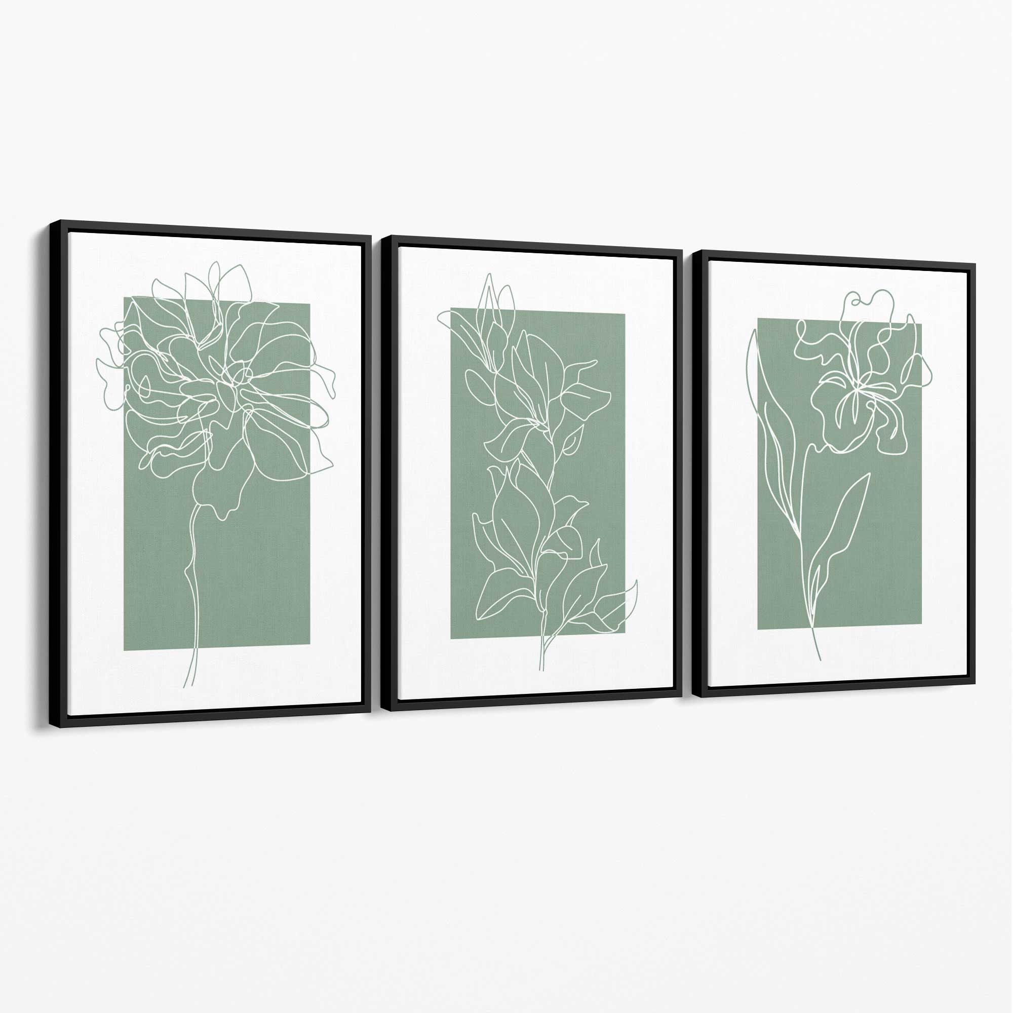 Line Art Sketch Flowers on Sage Green Set of 3 Canvas Art Prints with Black Float Frame