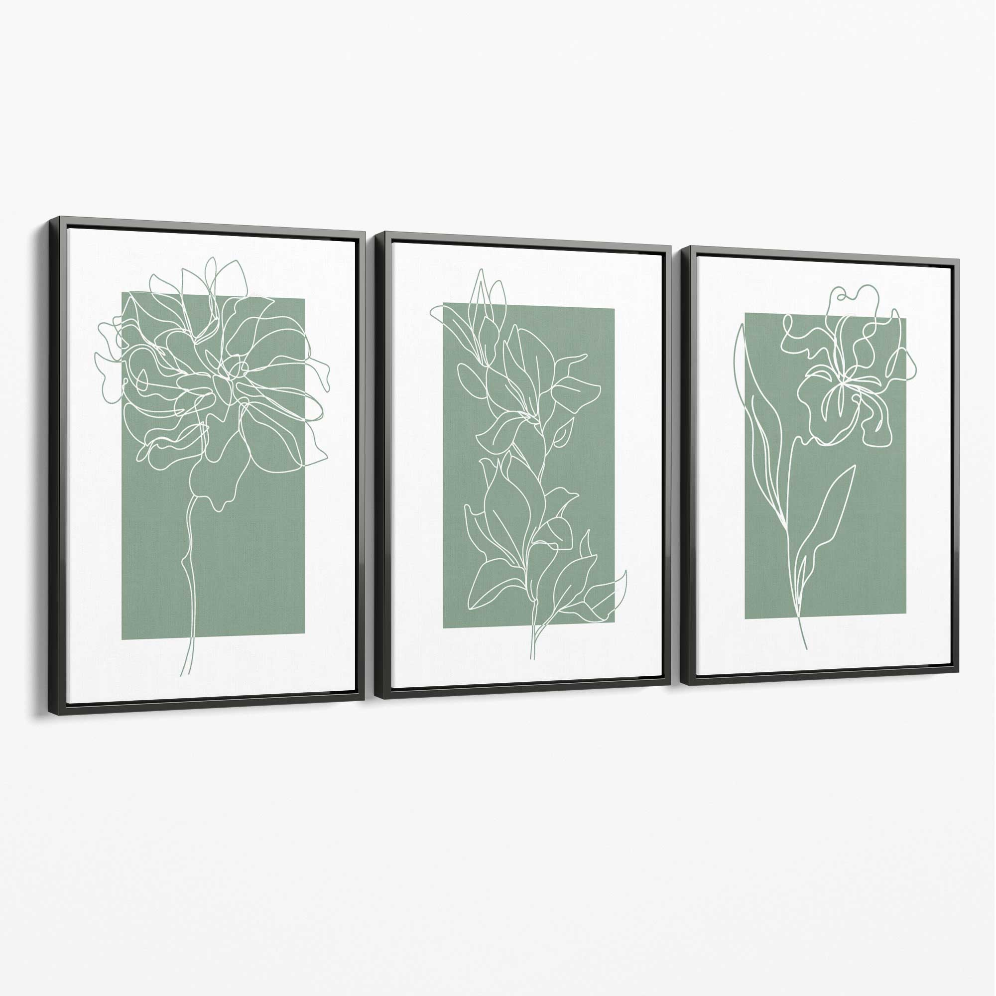 Line Art Sketch Flowers on Sage Green Set of 3 Canvas Art Prints with Grey Float Frame