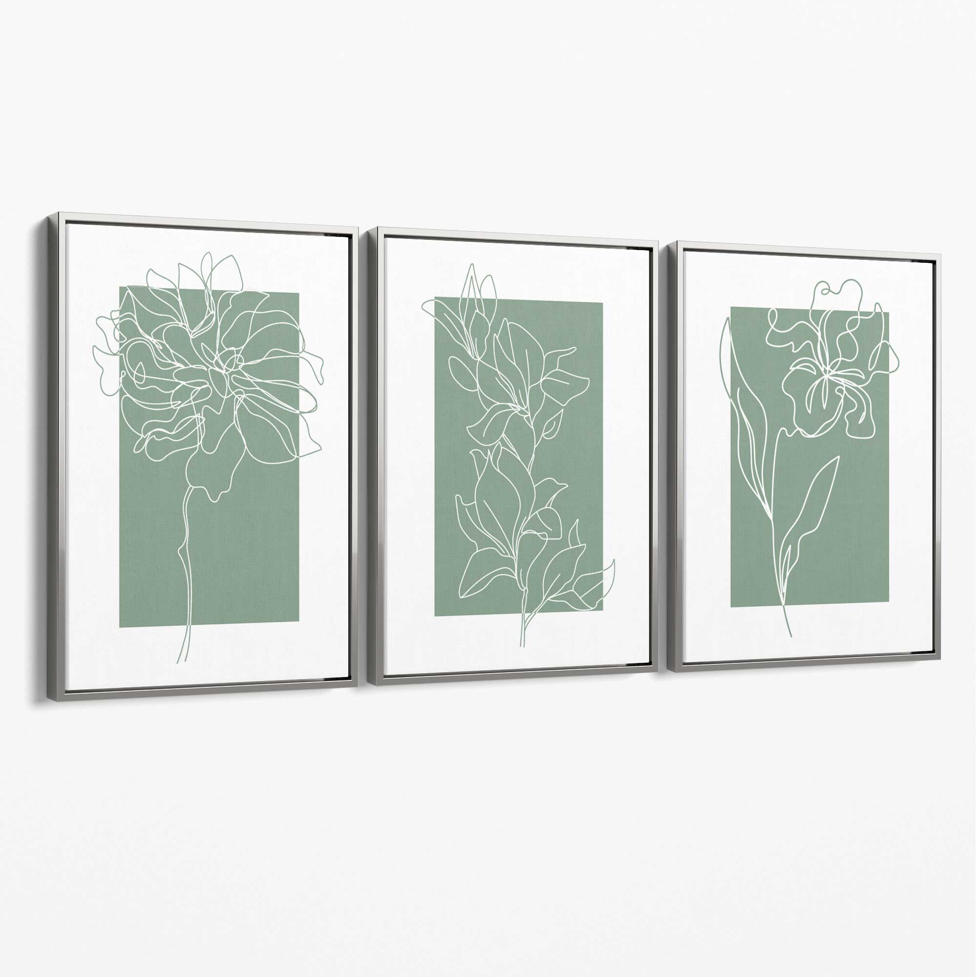 Line Art Sketch Flowers on Sage Green Set of 3 Canvas Art Prints with Silver Float Frame