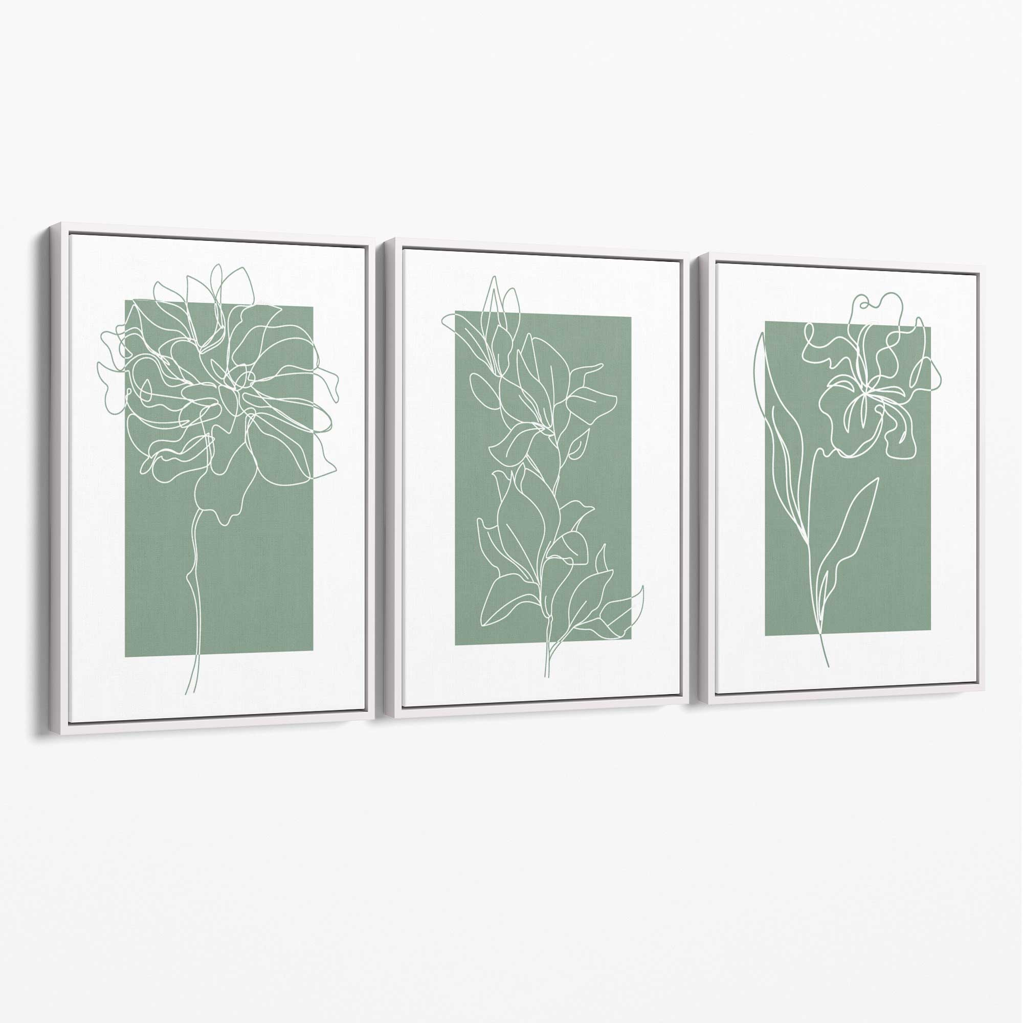 Line Art Sketch Flowers on Sage Green Set of 3 Canvas Art Prints with White Float Frame