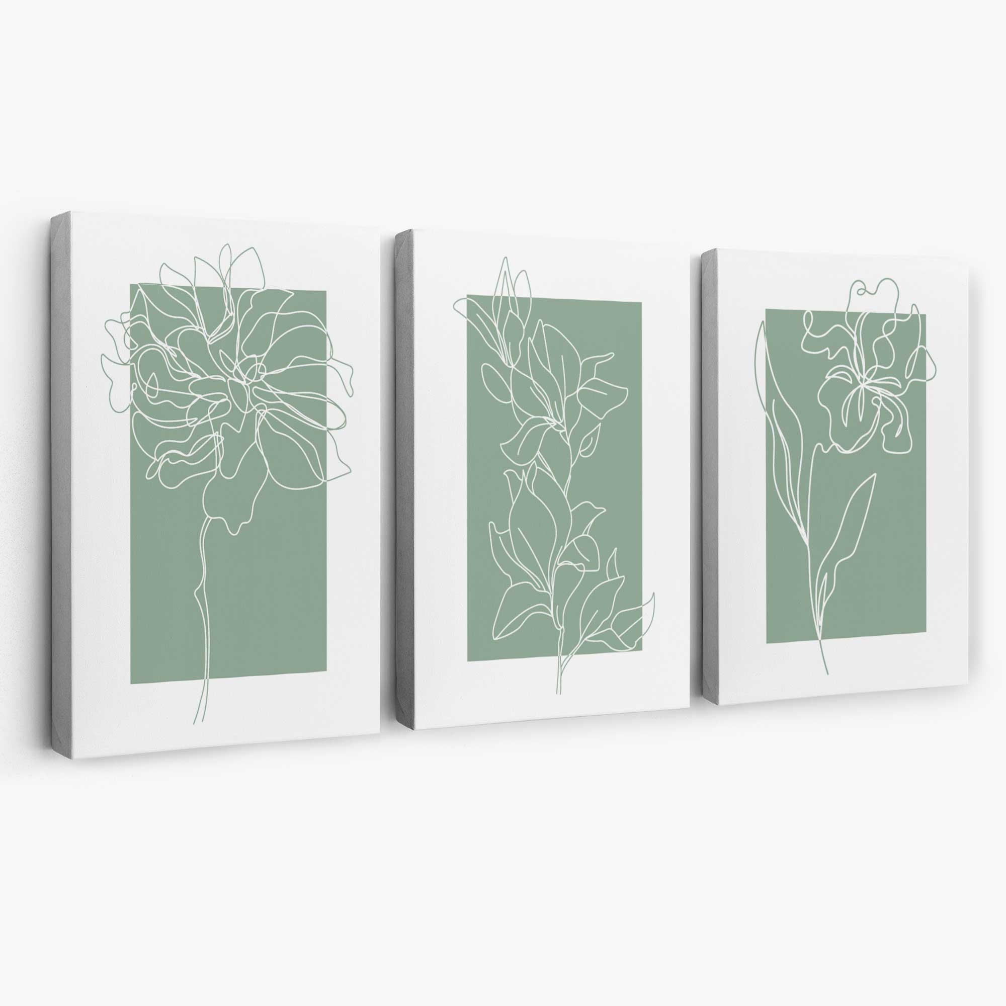 Line Art Sketch Flowers on Sage Green Set of 3 Canvas Art Prints | Artze Wall Art