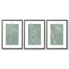 Line Art Sketch Flowers on Sage Green Set of 3 Framed Art Prints with Dark Grey Wooden Frames
