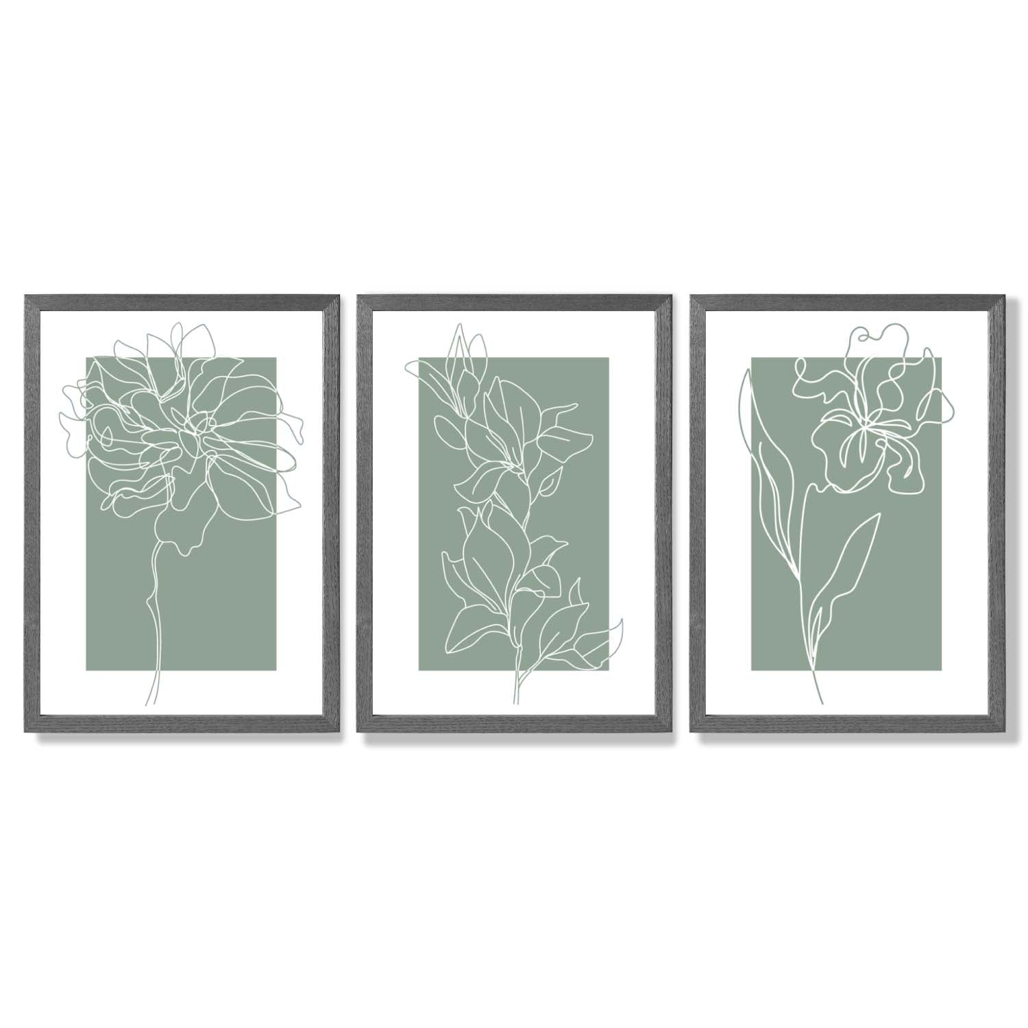 Line Art Sketch Flowers on Sage Green Set of 3 Framed Art Prints with Dark Grey Wooden Frames