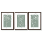 Line Art Sketch Flowers on Sage Green Set of 3 Framed Art Prints with Dark Wood Frames
