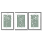 Line Art Sketch Flowers on Sage Green Set of 3 Framed Art Prints with Light Grey Wooden Frames