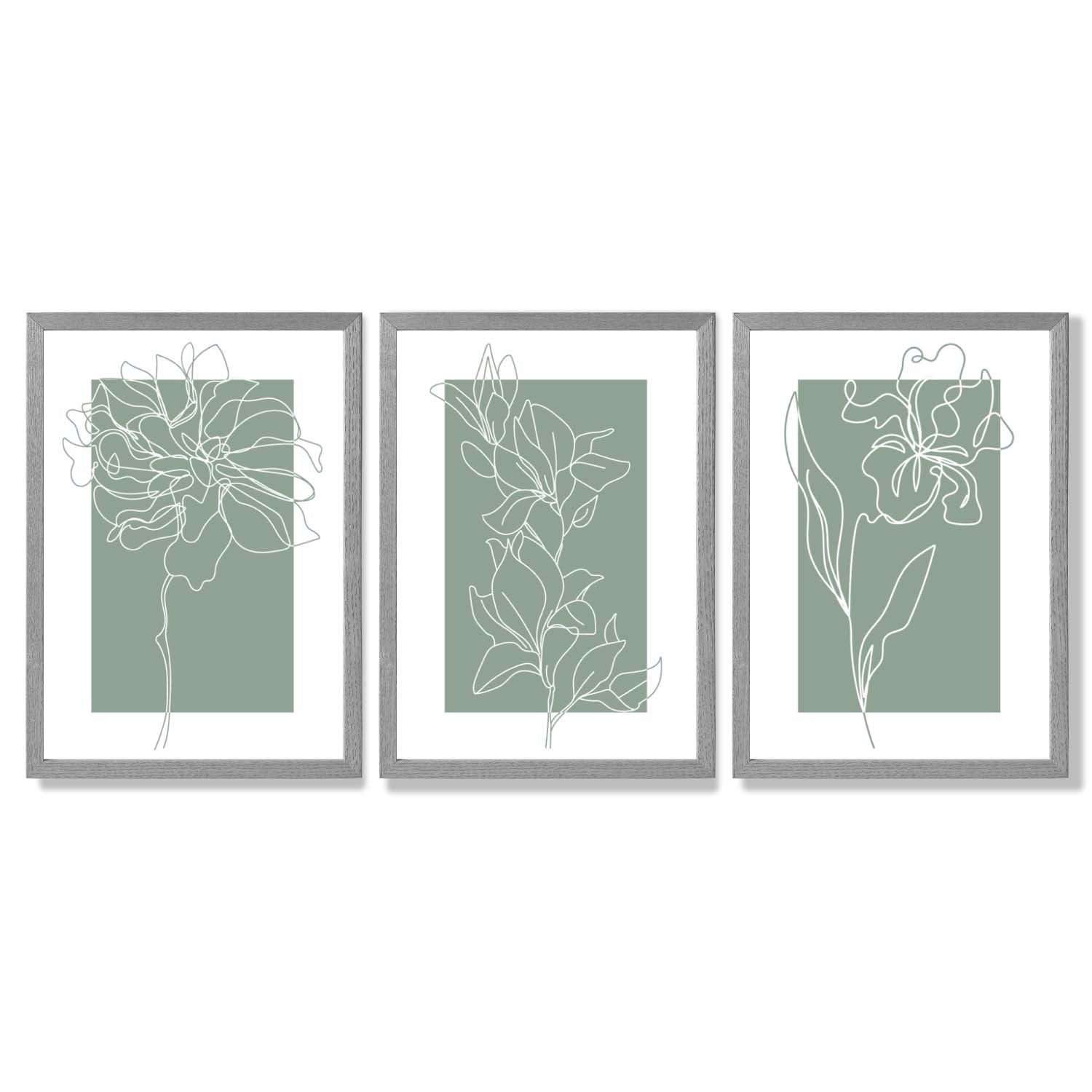 Line Art Sketch Flowers on Sage Green Set of 3 Framed Art Prints with Light Grey Wooden Frames