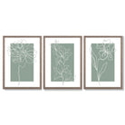 Line Art Sketch Flowers on Sage Green Set of 3 Framed Art Prints with Light Walnut Frames