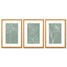 Line Art Sketch Flowers on Sage Green Set of 3 Framed Art Prints with Oak Wooden Frames