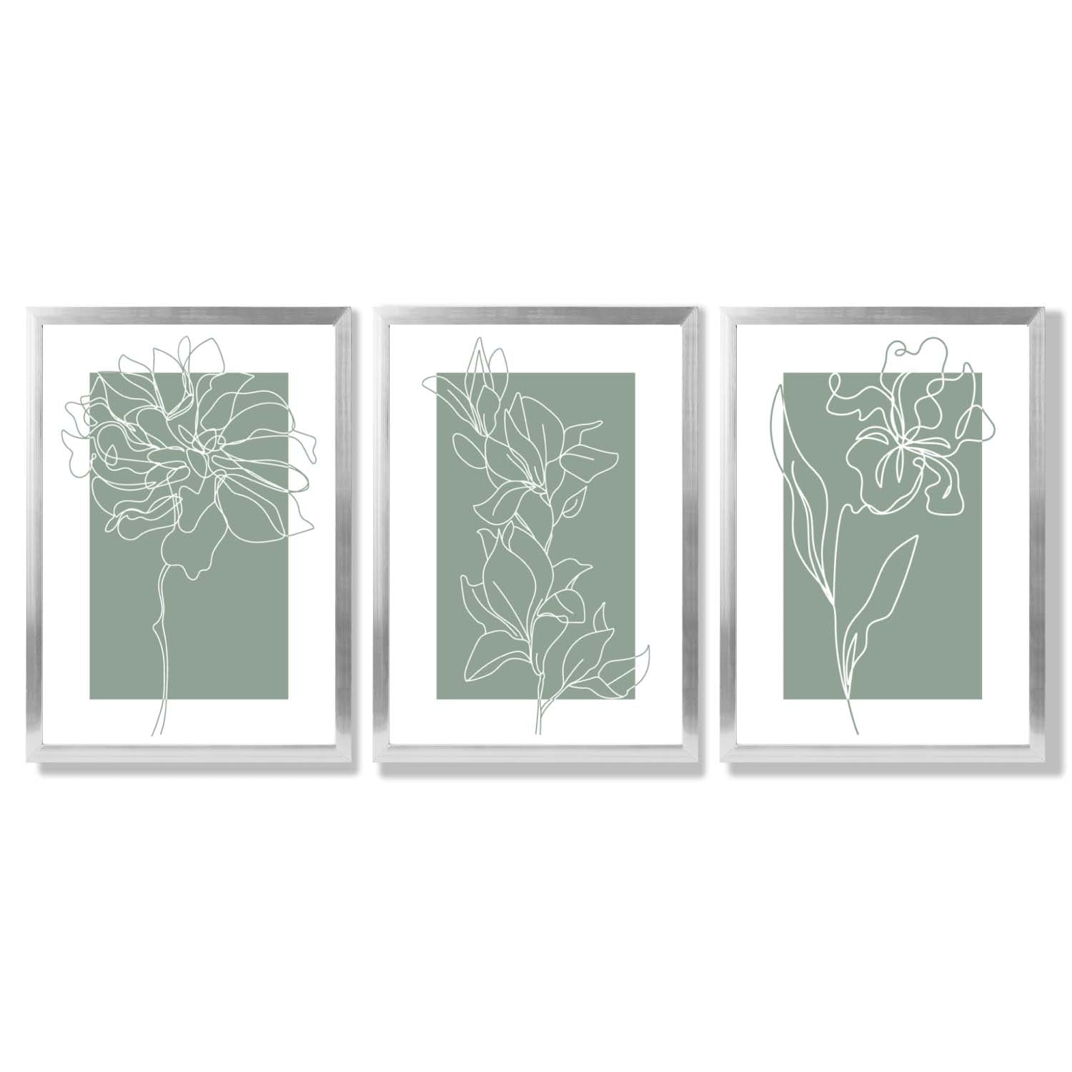 Line Art Sketch Flowers on Sage Green Set of 3 Framed Art Prints with Silver Wood Frames