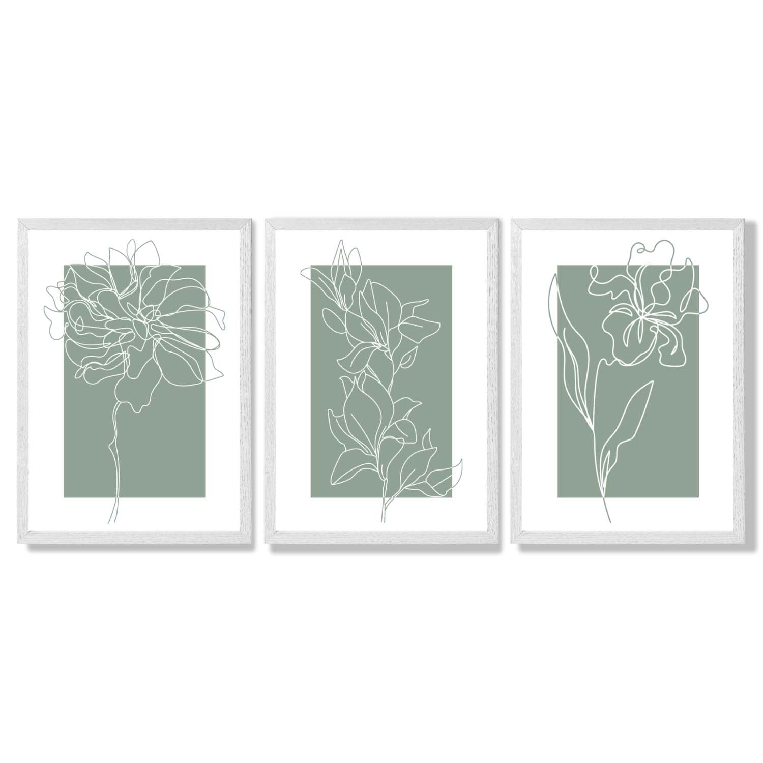 Line Art Sketch Flowers on Sage Green Set of 3 Framed Art Prints with White Wooden Frames