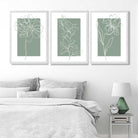 Line Art Sketch Flowers on Sage Green Set of 3 Art Prints in Luxury Frames | Artze UK