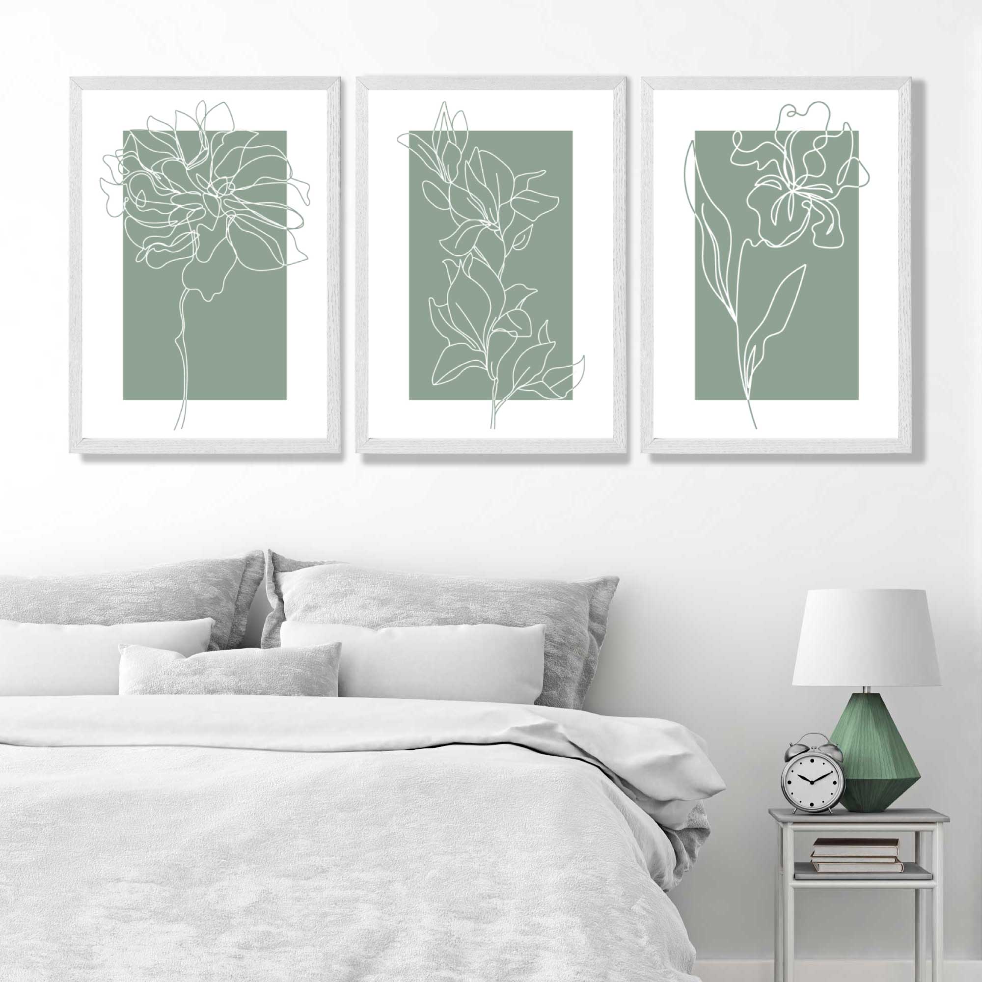 Line Art Sketch Flowers on Sage Green Set of 3 Art Prints in Luxury Frames | Artze UK