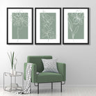 Line Art Sketch Flowers on Sage Green Set of 3 Art Prints in Black Frames | Artze UK