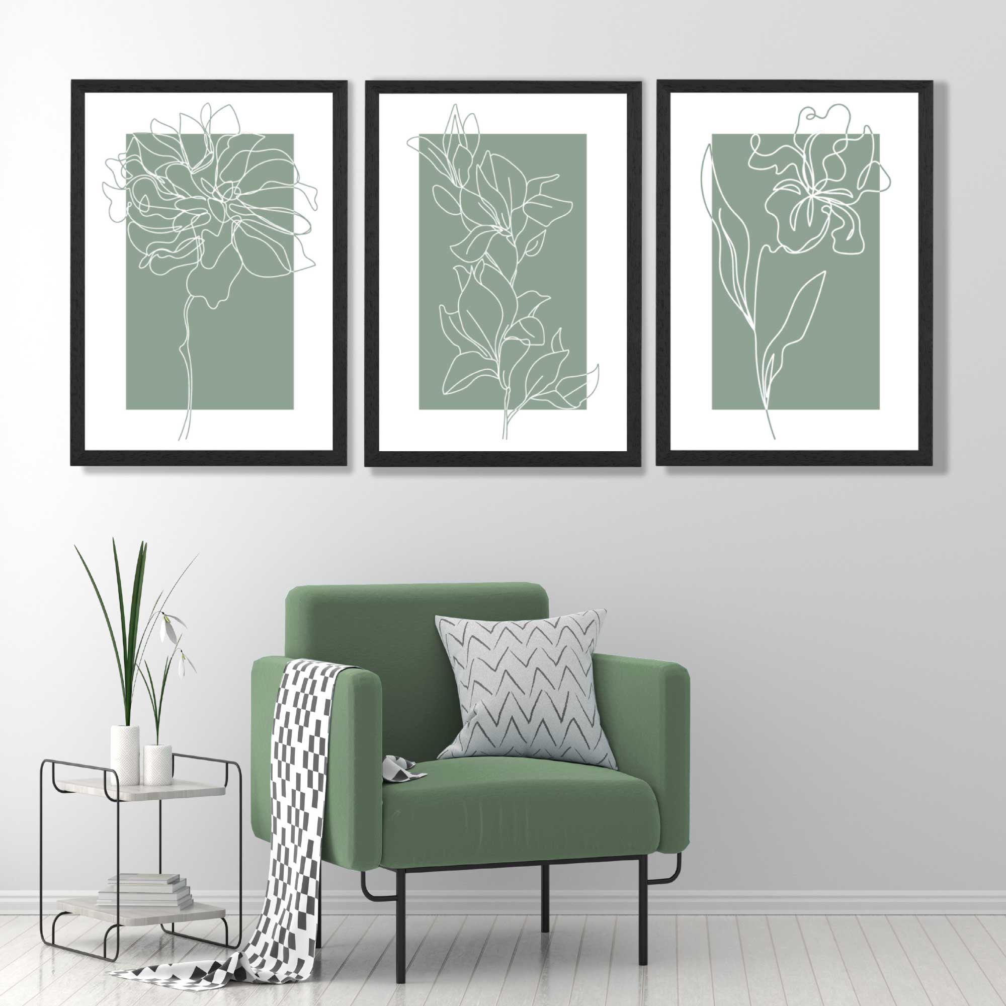 Line Art Sketch Flowers on Sage Green Set of 3 Art Prints in Black Frames | Artze UK