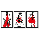 Fashion Silhouette Deco in Red and Black Set of 3 Framed Art Prints with Black Wooden Frames