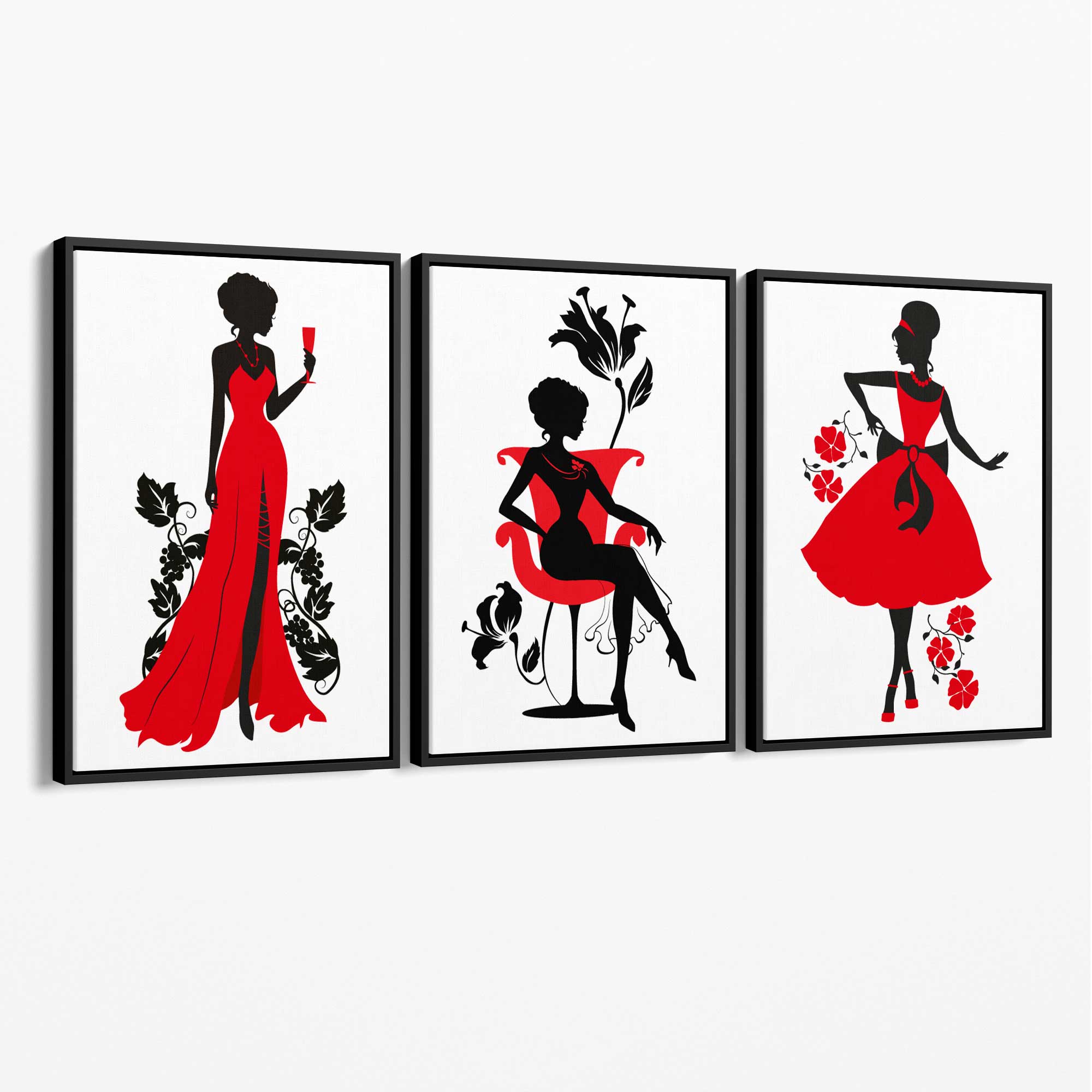 Fashion Silhouette Deco in Red and Black Set of 3 Canvas Art Prints with Black Float Frame
