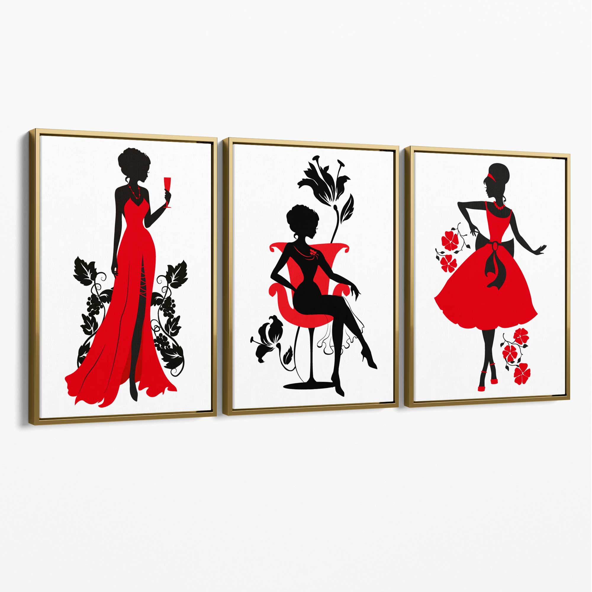 Fashion Silhouette Deco in Red and Black Set of 3 Canvas Art Prints with Gold Float Frame
