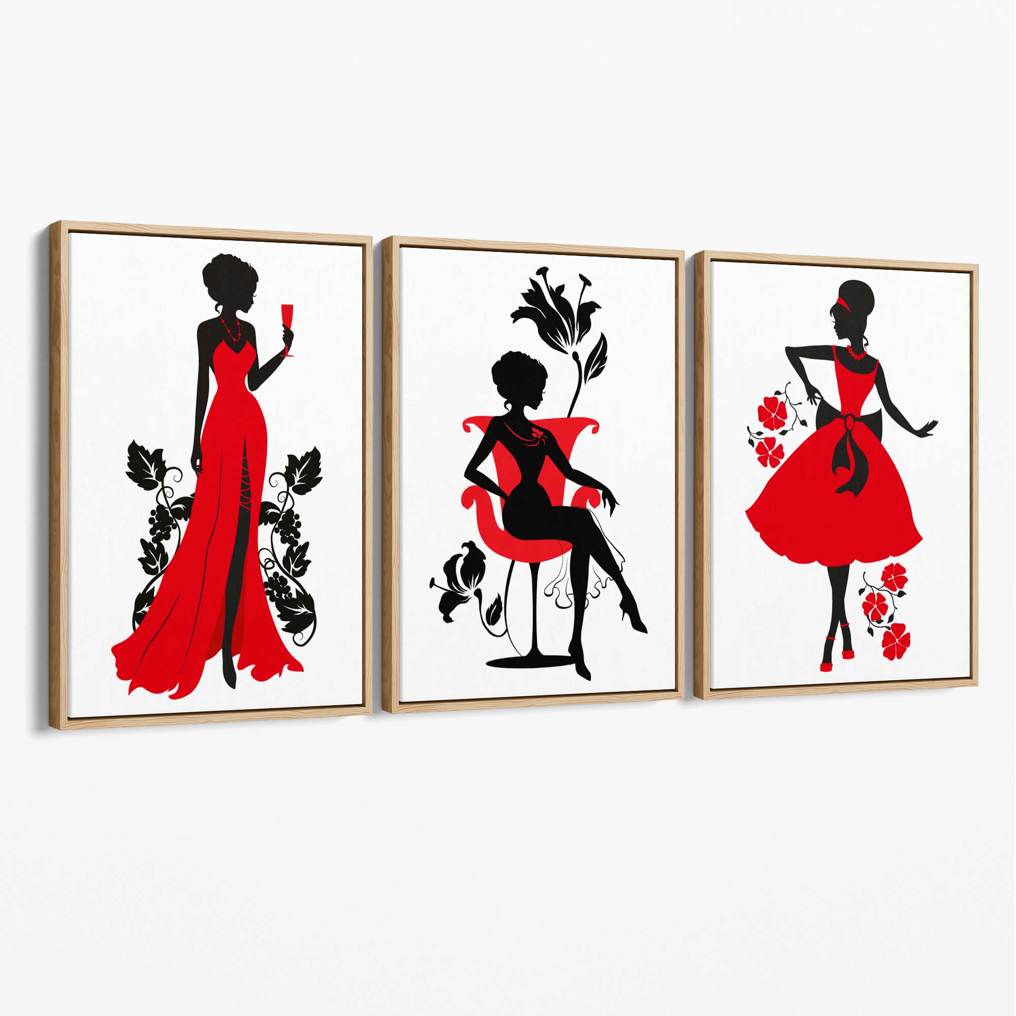 Fashion Silhouette Deco in Red and Black Set of 3 Canvas Art Prints with Oak Float Frame