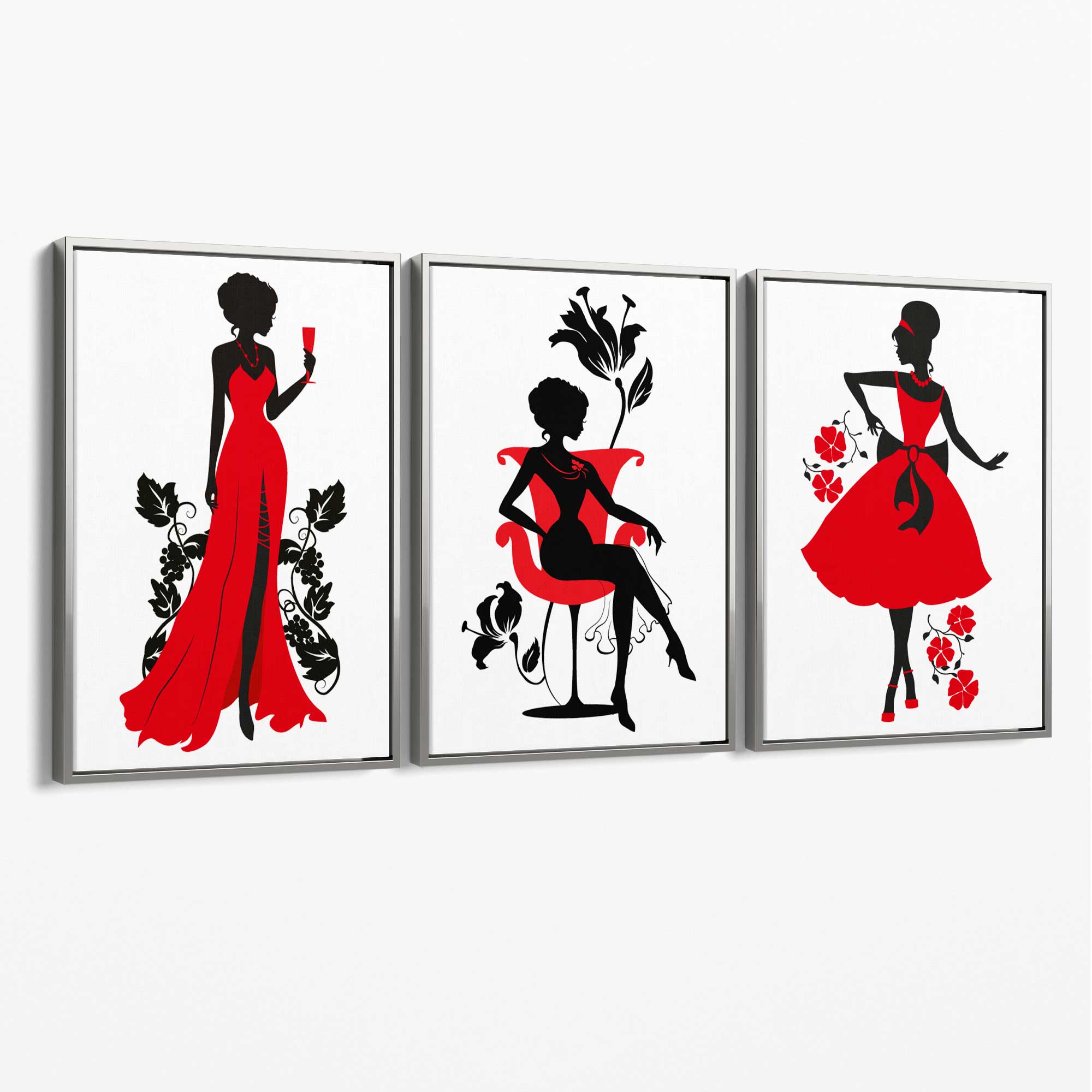 Fashion Silhouette Deco in Red and Black Set of 3 Canvas Art Prints with Silver Float Frame
