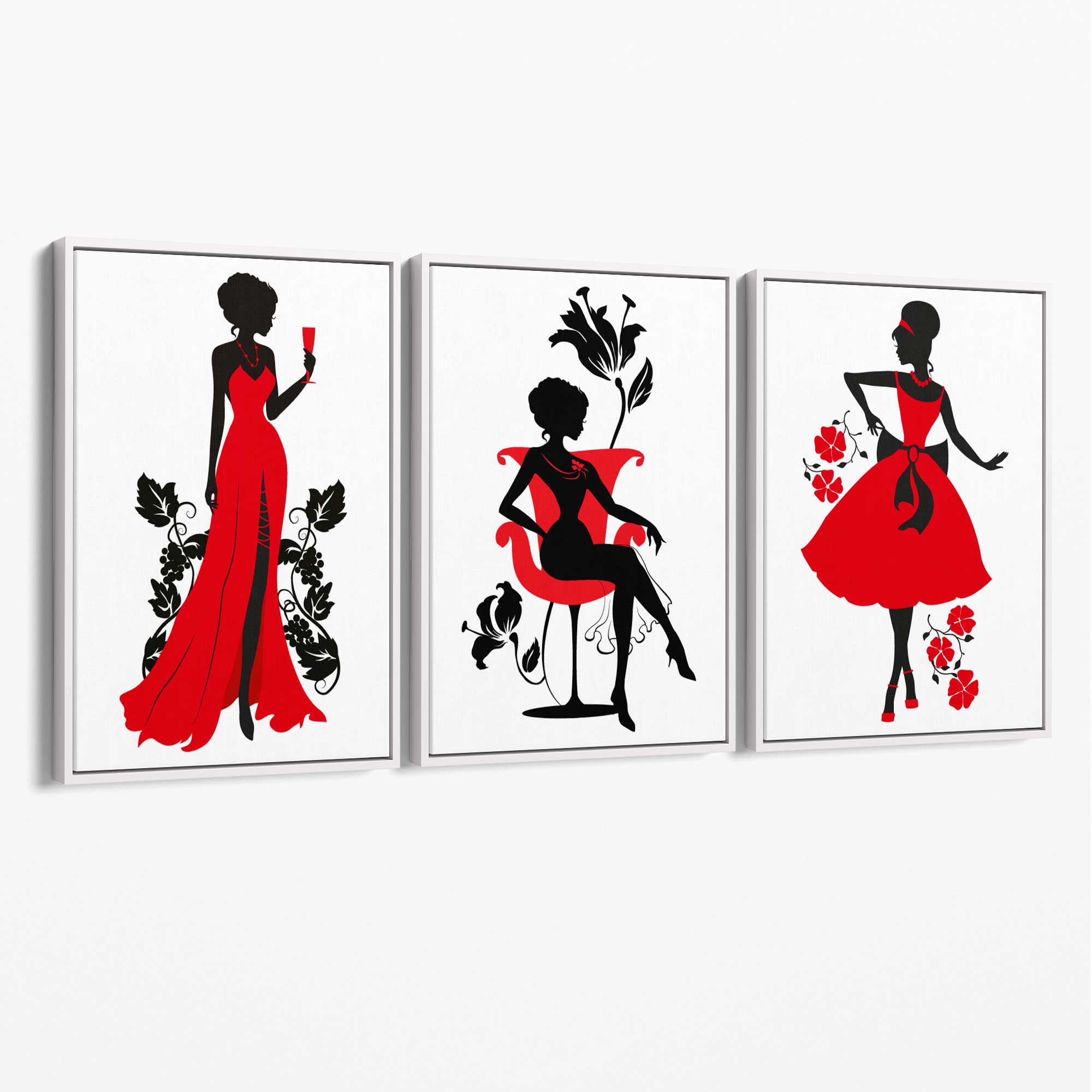 Fashion Silhouette Deco in Red and Black Set of 3 Canvas Art Prints with White Float Frame