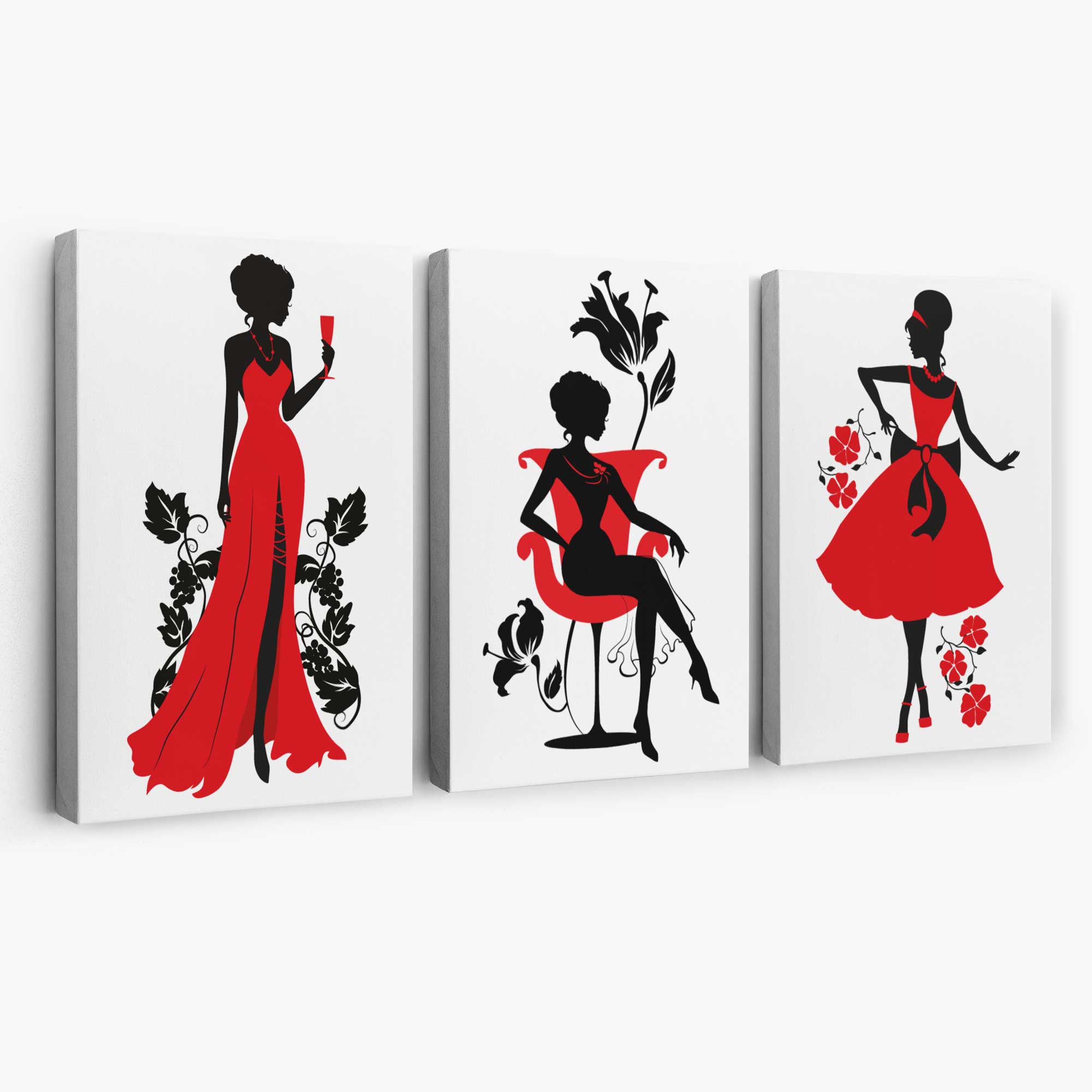 Fashion Silhouette Deco in Red and Black Set of 3 Canvas Art Prints | Artze Wall Art