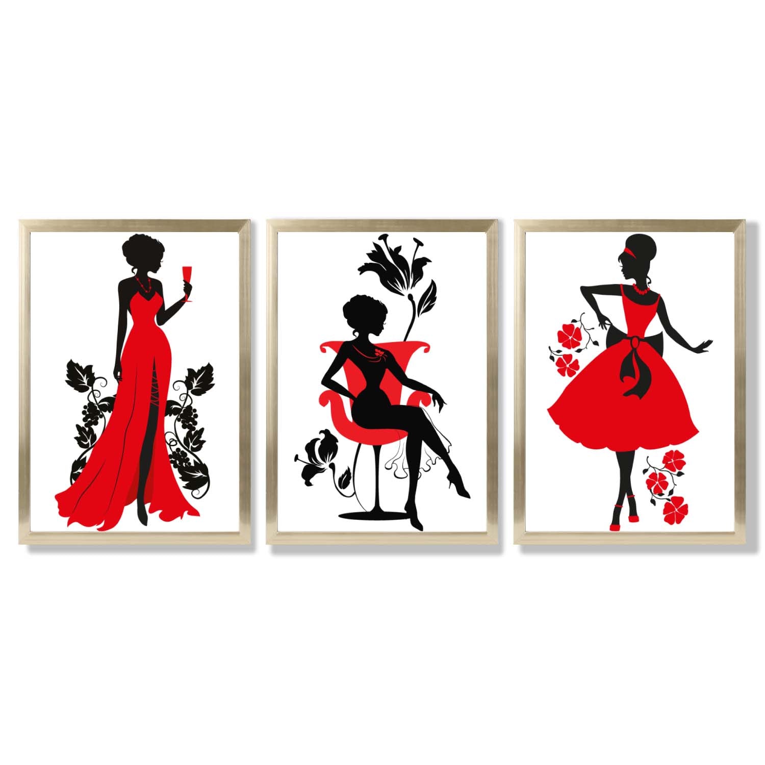 Fashion Silhouette Deco in Red and Black Set of 3 Framed Art Prints with Gold Wood Frames