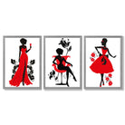 Fashion Silhouette Deco in Red and Black Set of 3 Framed Art Prints with Light Grey Wooden Frames