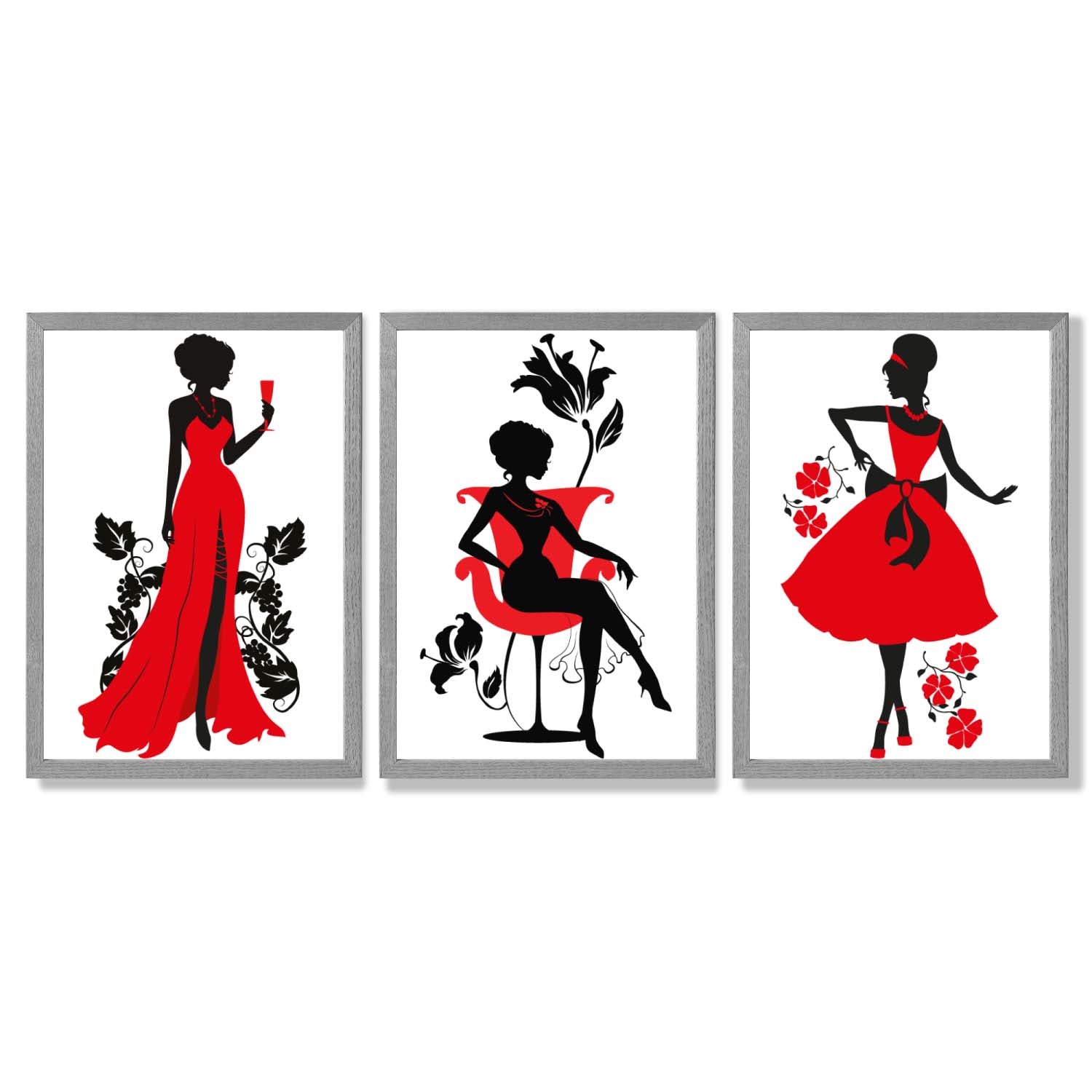 Fashion Silhouette Deco in Red and Black Set of 3 Framed Art Prints with Light Grey Wooden Frames