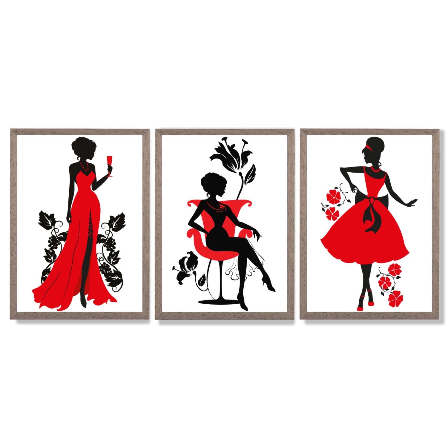 Fashion Silhouette Deco in Red and Black Set of 3 Framed Art Prints with Light Walnut Frames