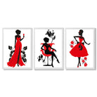 Fashion Silhouette Deco in Red and Black Set of 3 Framed Art Prints with White Wooden Frames