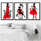 Fashion Silhouette Deco in Red and Black Set of 3 Art Prints in Black Frames | Artze UK