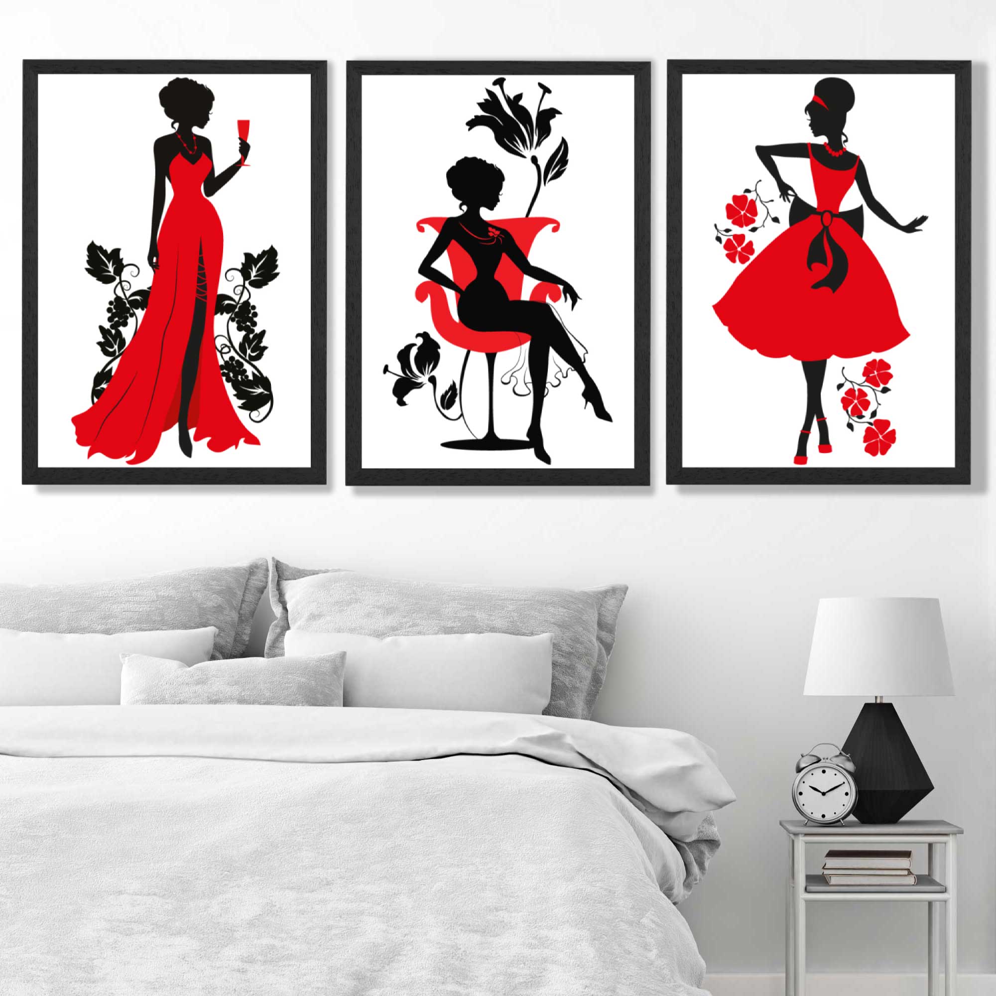 Fashion Silhouette Deco in Red and Black Set of 3 Art Prints in Black Frames | Artze UK
