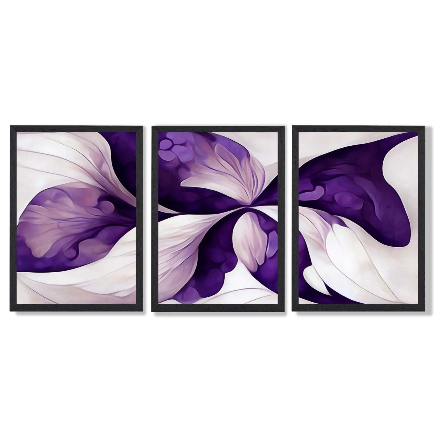 Abstract Purple Floral Set of 3 Framed Art Prints with Black Wooden Frames